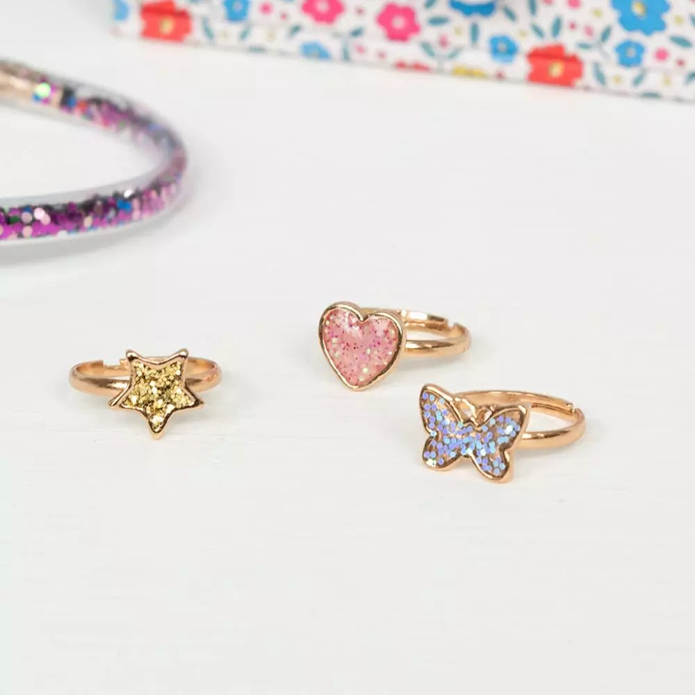 Glitter ring (set of 3) - Vlinder, Ster &amp; Hartje