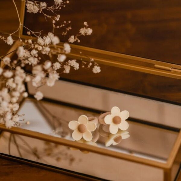 Twee elastiekjes met crèmekleurige bloemen en een zachte bruine kern, liggend in een gouden sieradendoos met spiegel. Omringd door droogbloemen voor een warme, natuurlijke sfeer.