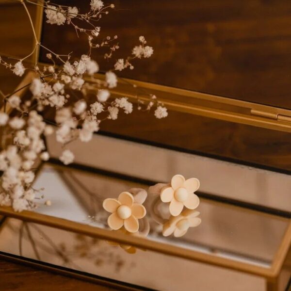 Twee elastiekjes met crèmekleurige bloemen en een zachte beige kern, liggend in een gouden sieradendoos met spiegel. Omringd door droogbloemen voor een rustige, natuurlijke uitstraling.