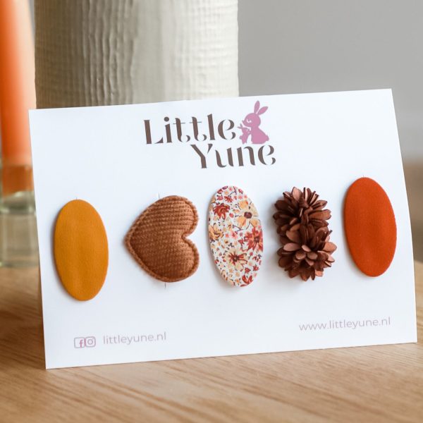 Set van 5 antislip haarspeldjes in warme herfsttinten op Little Yune kaart: oker ovaal, gebreid hartje, ovaal met bloemenprint, bruine 3D-bloem en terracotta ovaal.