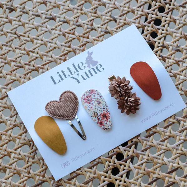 Set Puck – vijf Little Yune haarspeldjes in warme herfsttinten, mix van klikklak en alligator, met hartje, bloemenprint en 3D bloemenclip op kaartje.