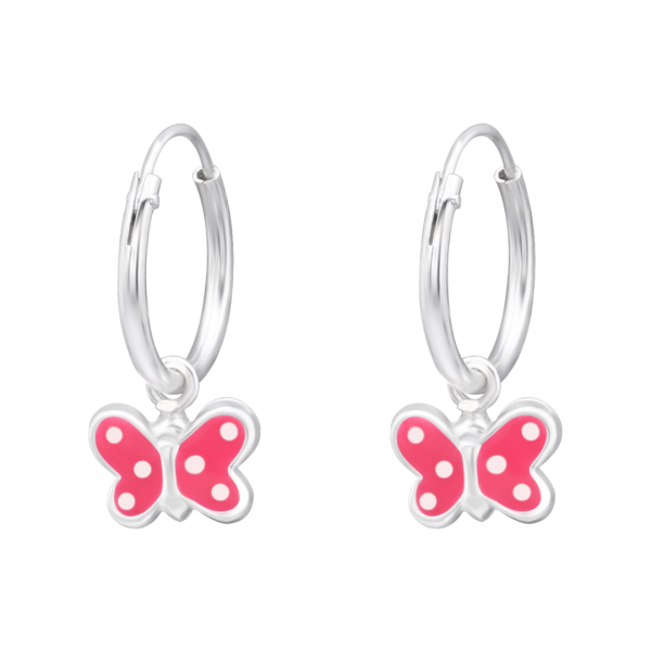 Zilveren kinderoorbellen met bungelende roze vlindertjes aan creolen