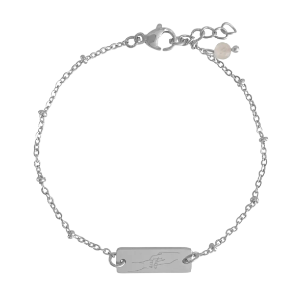 Zilveren armband met kinderhand gravure, rozenkwarts kraaltje en verstelbare lengte