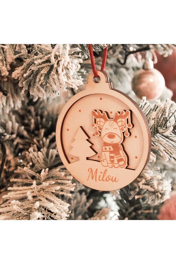 Houten kerstbal met naam – Rendier & Kerstboom | Gepersonaliseerd