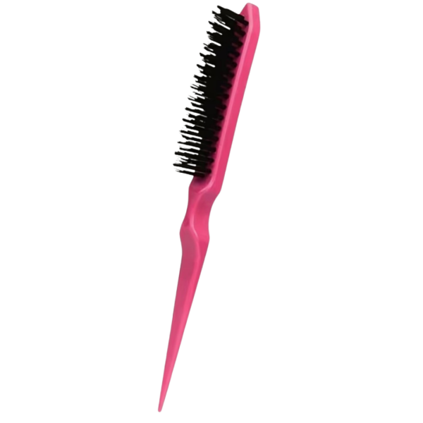 Roze teasing brush met zwarte borstelhaartjes en puntkam, ideaal voor volume, strakke scheidingen en het netjes vastzetten van babyhaartjes bij kinderen.