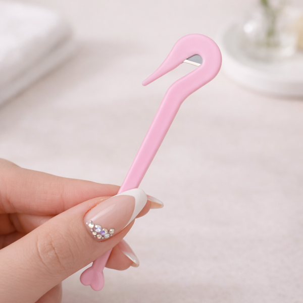 Paars hulpmiddel met klein mesje om latex haar-elastiekjes veilig door te snijden zonder aan het haar te trekken, geschikt voor kinderen.