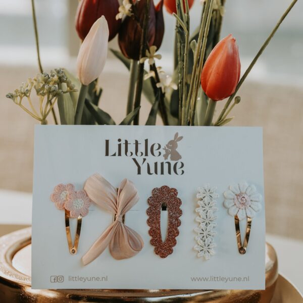 Set Esmee van Little Yune: vijf 4 cm haarspeldjes in roze en crème tinten met bloemetjes, een satijnen strik, een glitter speldje in een nieuwe vorm en een kanten bloemendetail, op een Little Yune kaartje.
