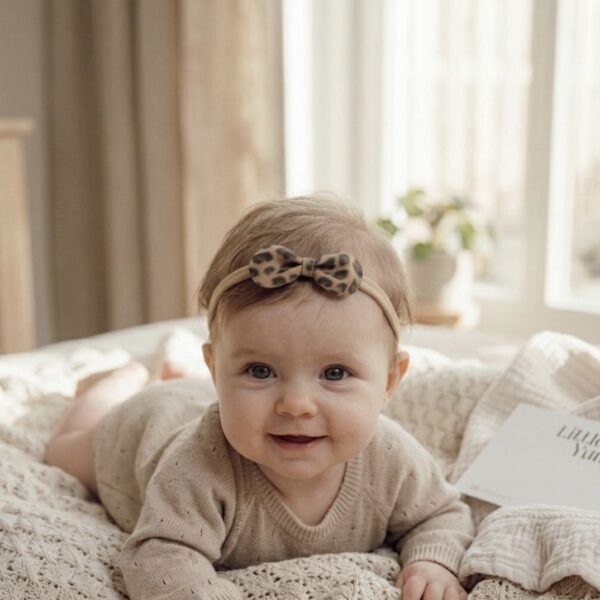 Baby haarbandje met panterprint strik op zacht beige bandje