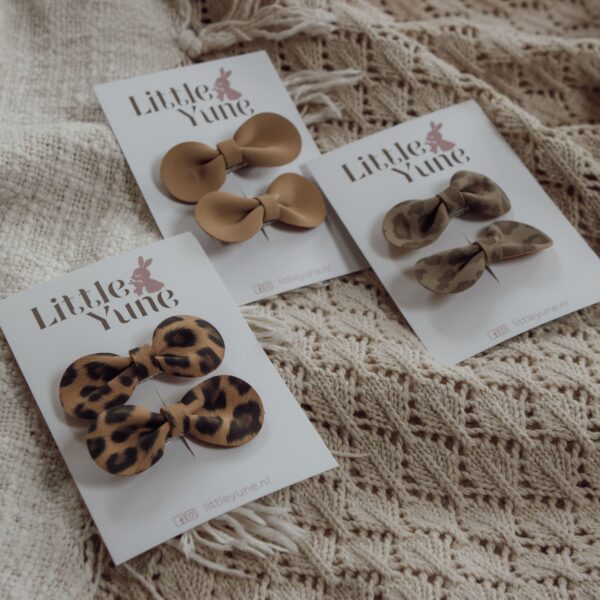 Set van 3 alligator haarspeldjes van 3 cm met strikjes in neutrale tinten zoals beige, taupe en panterprint voor meisjes