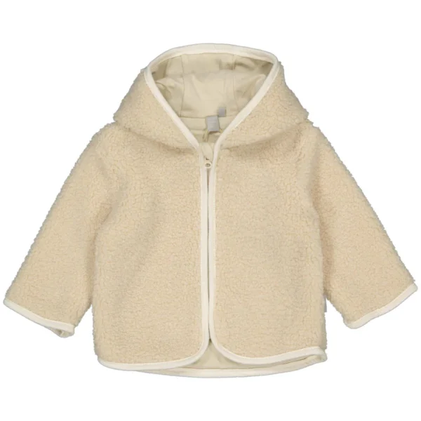 LEVV Lean jasje in off white voor baby’s, zacht teddy jasje met capuchon, ritssluiting, lange mouwen en lichte biesafwerking.