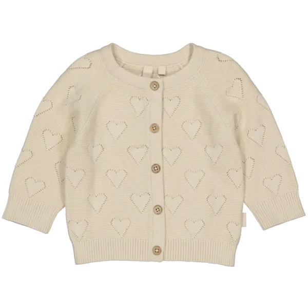 LEVV Leandra vestje in off white voor babymeisjes, fijngebreid vestje met hartjespatroon, houten knoopjes en ribboorden aan de mouwen en onderkant.