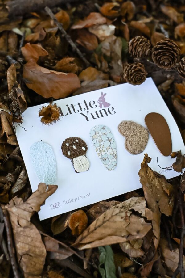 Herfst antislip speldjes set van 5 Nynke 32mm met hartje, paddenstoel, glitter en bloemenprint - Little Yune