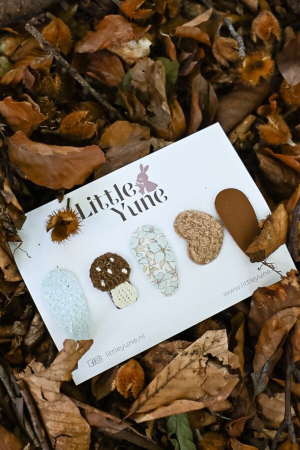 Herfst antislip speldjes set van 5 Nynke 32mm met hartje, paddenstoel, glitter en bloemenprint - Little Yune