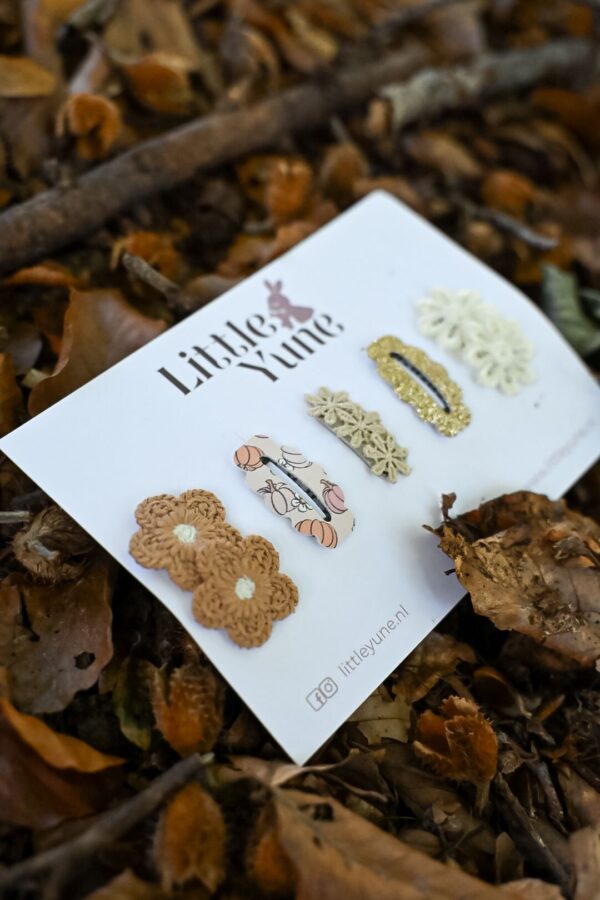 Herfst antislip speldjes set van 5 Benthe met gehaakte bloem, kant, pompoen en goud glitter - Little Yune
